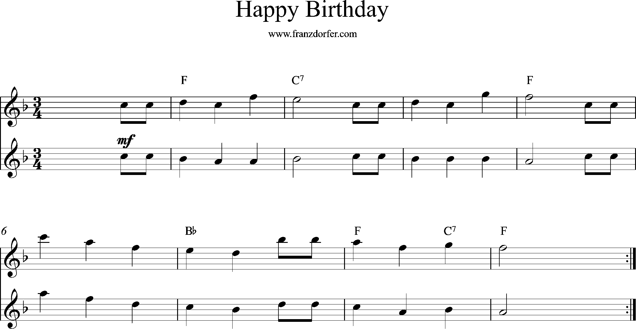 sheetmusic for Flute, Happy Birthday, F-Major